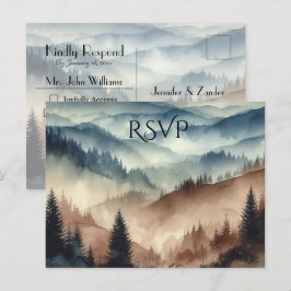 Dammblå och mokkabruna bergbröllop RSVP Inbjudan Vykort