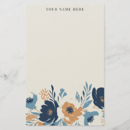 Dammblå och orange blomsterakvarell med namn brevpapper