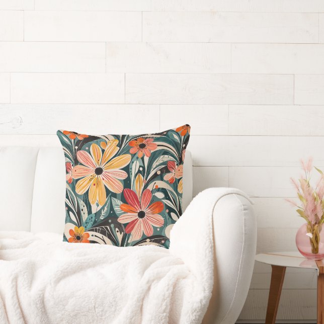 Dammblå och orange vintage modern blom kudde (Soffa)
