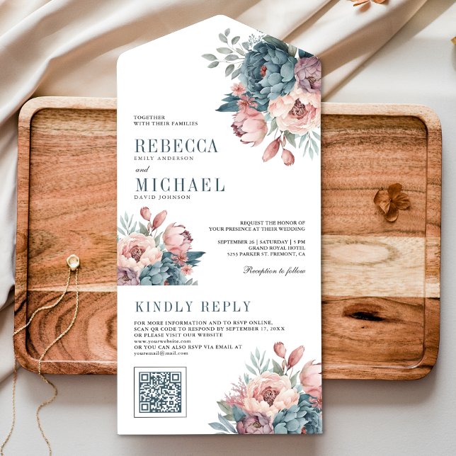 Dammblå och Rosa Blommig QR-kod Bröllop (Skapare uppladdad)