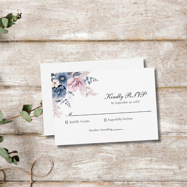 Dammblå och rosablommig elegant bröllop OSA kort (Dusty blue blush pink floral wedding RSVP card)