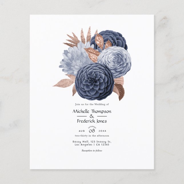 Dammblå och roséguld blommande bröllop flygblad (Framsidan)