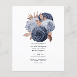 Dammblå och roséguld blommande bröllop flygblad