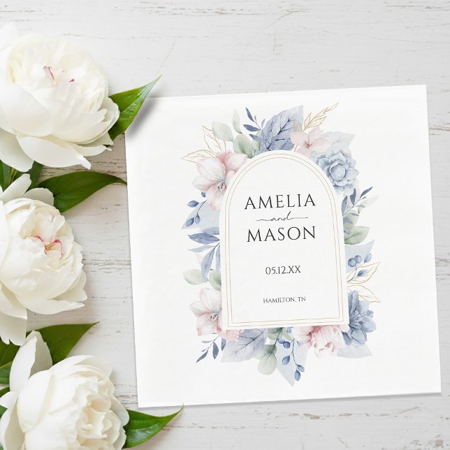 Dammblå och rosensky Blommig Båge Bröllop Pappersservett (Dusty Blue and Blush Pink Floral Arch Wedding Napkins)