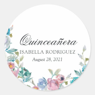 Dammblå och turkos blomster-quinceañera runt klistermärke