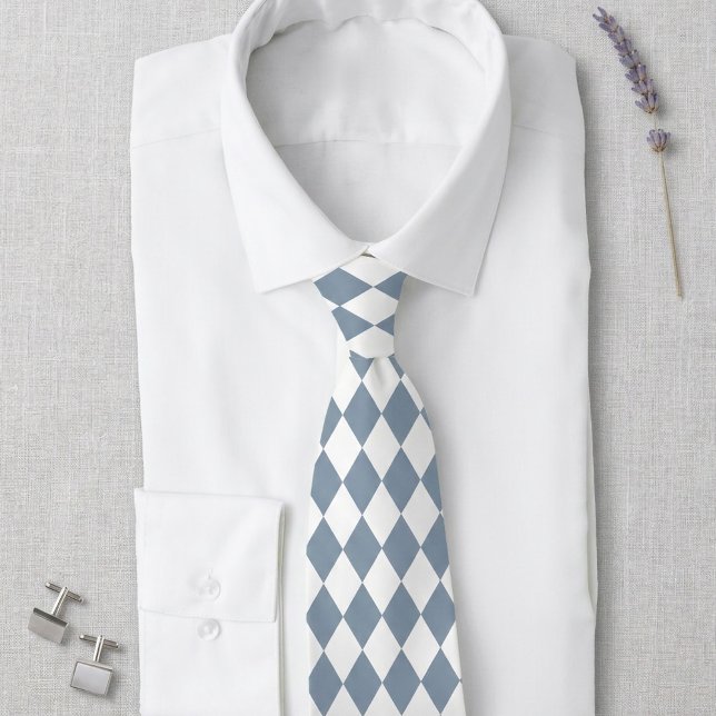 Dammblå och vit Harlekin Diamant Slipknottsknut Slips (Dusty blue and white classic diamond pattern wedding tie.)