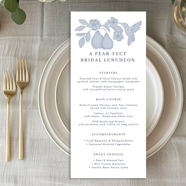 Dammblå perfekt päron bröllopsmeny Lunchmeny Kort (Bridal Shower Menu)