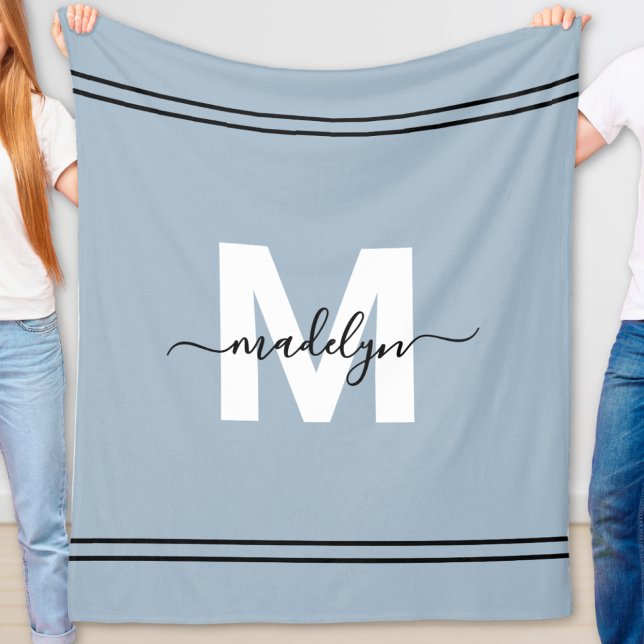 Dammblå Personligt Namn Monogram Fleecefilt (Dusty Blue Personalized Name Monogram Fleece Blanket)