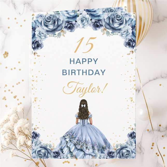 Dammblå Prinsessa Blommig Glad Födelsedag Kort (Skapare uppladdad)
