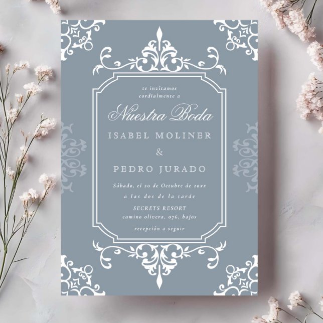 Dammblå Prydnad Vintage Nuestra Boda Bröllop Inbjudningar (Skapare uppladdad)