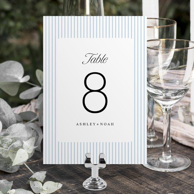 Dammblå randig elegans Klassisk bröllop Bordsnummer (Dusty Blue Striped Elegance Classy Wedding Table Number)