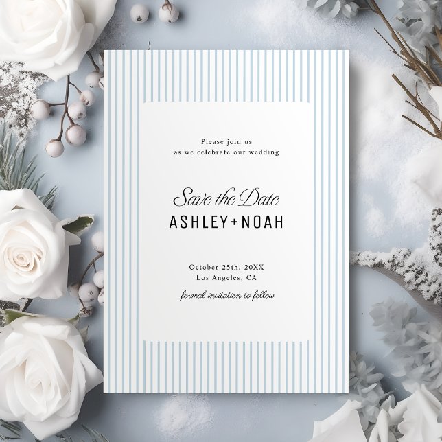 Dammblå randig elegans Klassisk bröllop Spara Datumet (Dusty Blue Striped Elegance Classy Wedding Save The Date)