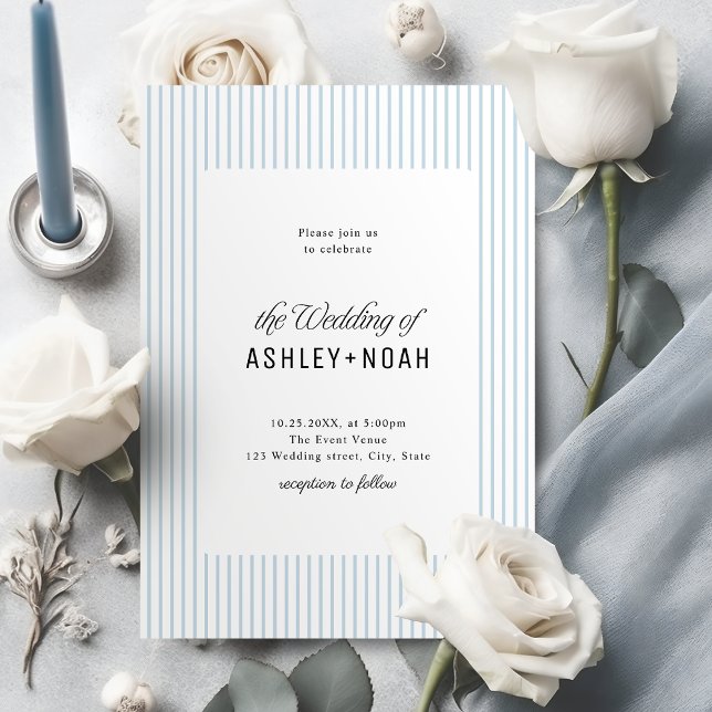 Dammblå randig elegans Klassisk bröllopsfest Inbjudningar (Dusty Blue Striped Elegance Classy Wedding Invitation)