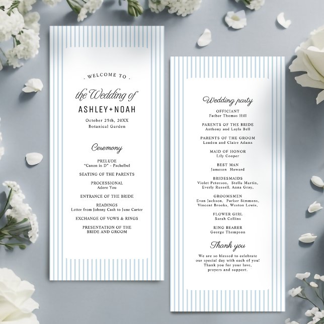 Dammblå randig elegans Klassiskt bröllopsprogram Meny (Dusty Blue Striped Elegance Classy Wedding Program)