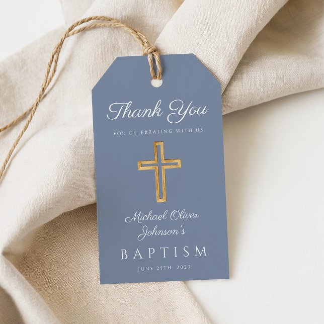 Dammblå religiöst kors pojke dop presentetikett (Dusty Blue Religious Cross Boy Baptism Gift Tags)