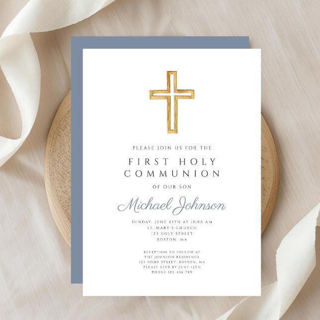 Dammblå religiöst kors pojke första kommunion inbjudningar (Dusty Blue Religious Cross Boy First Communion Invitation)