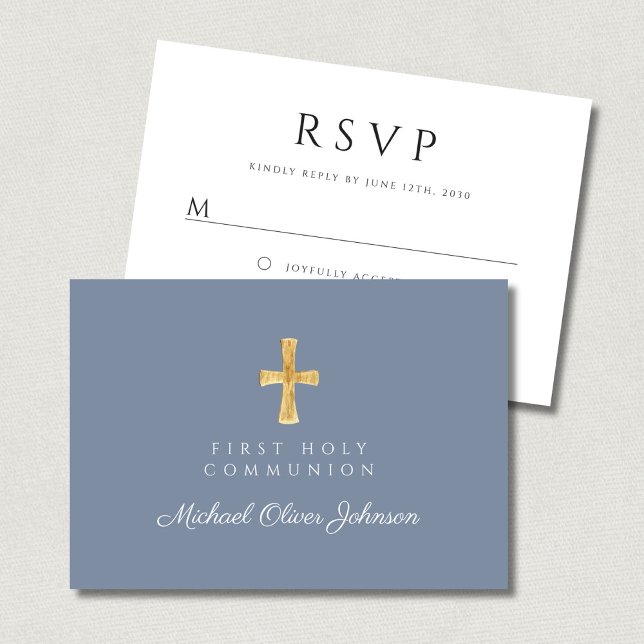 Dammblå religiöst kors pojke första nattvarden OSA kort (Dusty Blue Religious Cross Boy First Communion RSVP Card)