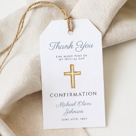 Dammblå religiöst kors pojke konfirmation presentetikett