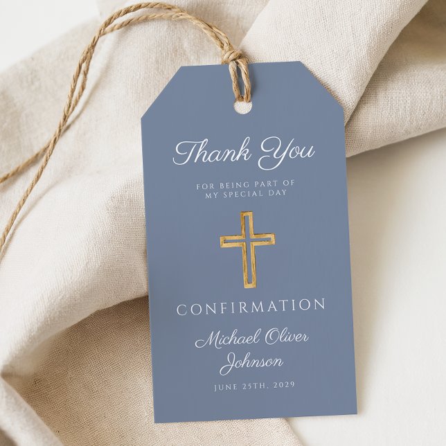 Dammblå Religiöst Kors Pojkkonfirmation Presentetikett (Dusty Blue Religious Cross Boy Confirmation Gift Tags)