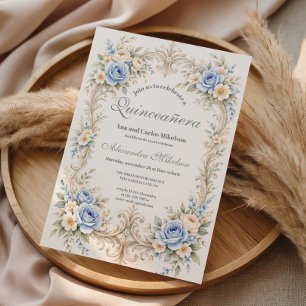 Dammblå Ros Barock Quinceañera Inbjudningar