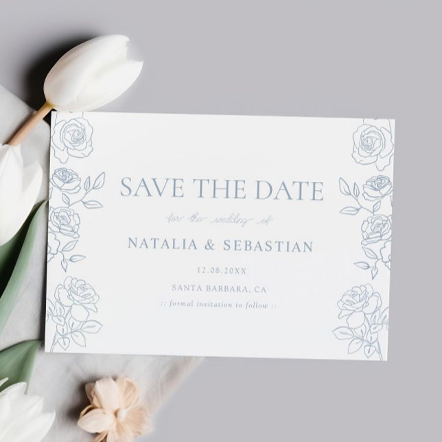 Dammblå Ros Blommig Romantisk Bröllopsannons Spara Datumet (Skapare uppladdad)