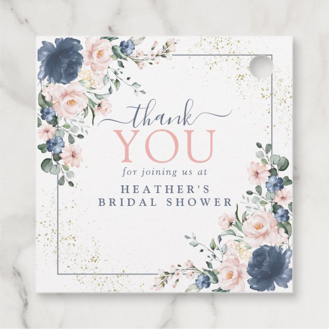 Dammblå Rosafärgad Guld Blommig Bröllopsfest Gåvor Etiketter (Baksida)