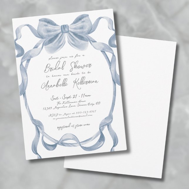 Dammblå rosett Vintage bröllopsdusch Inbjudningar (Dusty Blue Bow Vintage Bridal Shower Invitation)