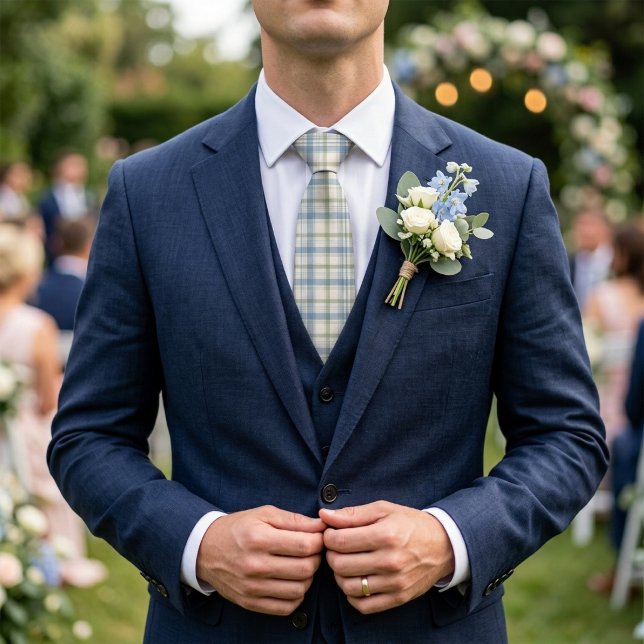 Dammblå Salvia Grön Karo Preppy Bröllop Slips (Skapare uppladdad)