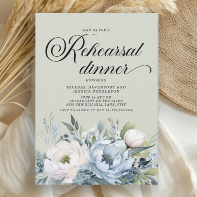 Dammblå Salvia Grön Övningsmiddag Inbjudningar (Dusty blue watercolor floral on sage green Rehearsal Dinner invitation)