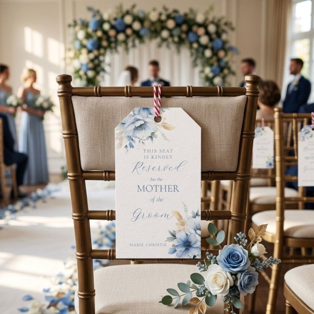 Dammblå sittplatser reserverade för brudgummens mo presentetikett (Skapare uppladdad)