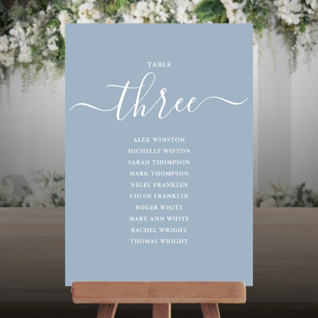 Dammblå Skript Bord Nummer 3 Sittplatskarta Inbjudningar (Dusty Blue Script Table Number 3 Seating Chart)