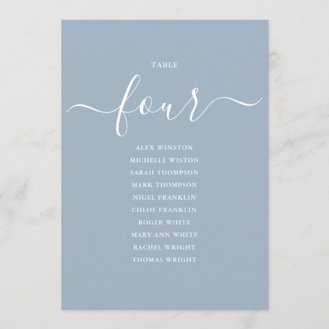 Dammblå Skript Bord Nummer 4 Placeringsplan Inbjudningar (Framsida)