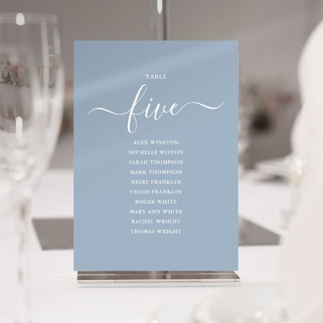 Dammblå Skript Bord Nummer 5 Bordskarta Inbjudningar (Dusty Blue Script Table Number 5 Seating Chart)