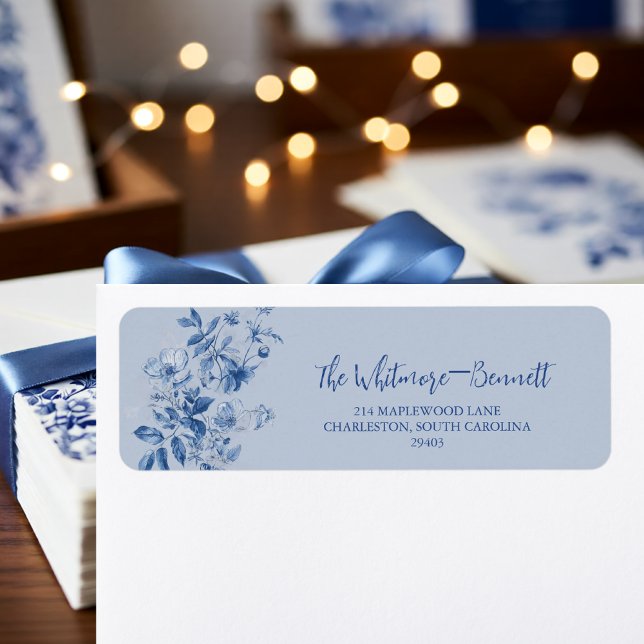 Dammblå Toile Blommig Bröllops Returadress  Etikett (Dusty Blue Toile Floral Wedding Return Address Label)