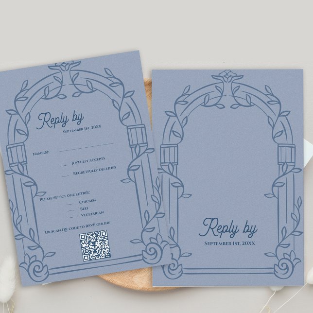 Dammblå utsmyckad ark botanisk bröllopsbekräftelse OSA kort (Dusty Blue Ornate Arch Botanical Wedding RSVP Card with QR Code | Elegant Wedding Reply Card)