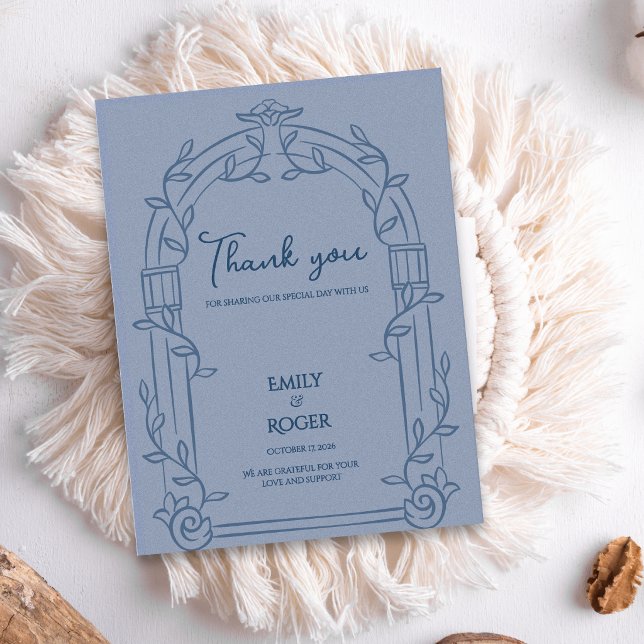 Dammblå utsmyckad valv botanisk bröllop tackkort vykort (Dusty Blue Ornate Arch Botanical Wedding Thank You Card | Elegant Wedding Thank You Note)