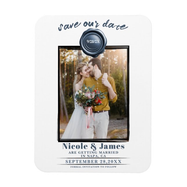 Dammblå vaxsigill Foto Bröllop Save the Date Magnet (Vertikal)