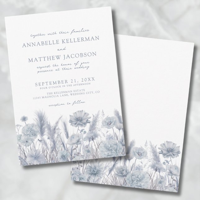 Dammblå Vildblomma Bröllop Inbjudningar (Botanical Pampas Floral Dusty Blue Wedding Invitation)