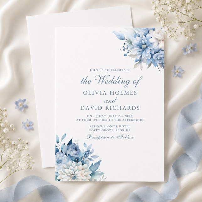 Dammblå Vildblomma Bröllopsinbjudan Inbjudningar (Dusty Blue Wildflower Wedding Invitation)