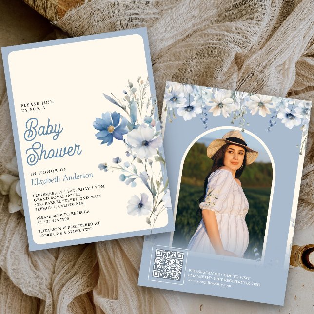 Dammblå vildblomma Foto QR-kod Baby Shower Inbjudningar (Skapare uppladdad)