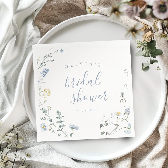 Dammblå vildblomma rustik boho bröllopsdusch  pappersservett (Dusty Blue Wildflower Rustic Boho Bridal Shower Napkins)