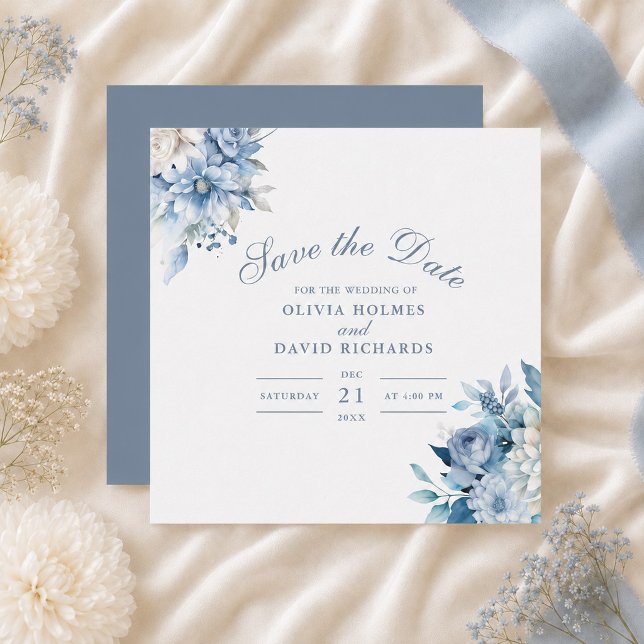 Dammblå Vildblomma Spara datum-kort Datumet (Dusty Blue Wildflower Save the Date Card)
