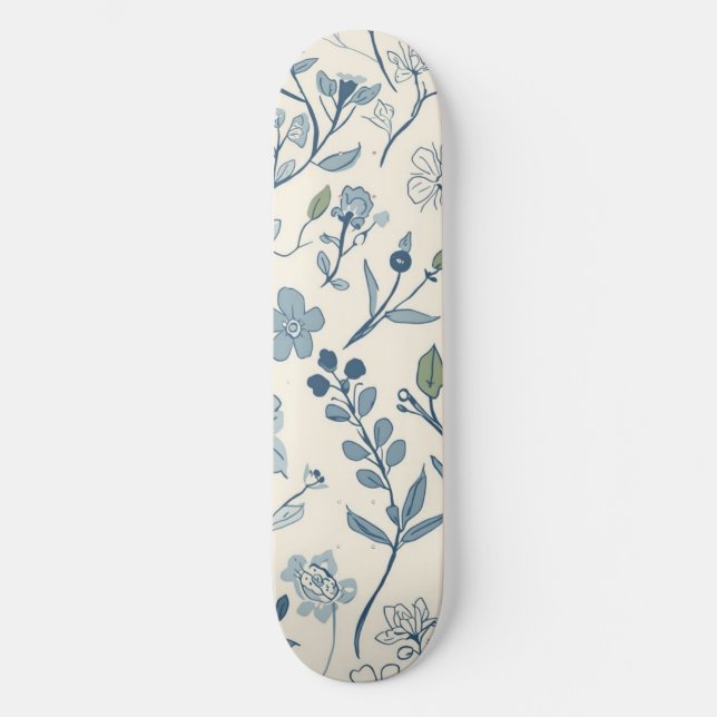 Dammblå vildblommeäng botaniskt mönster mini skateboard bräda 18,5 cm (Framsida)