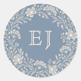 Dammblå Vinblå Vildblomma Monogram Kuvert Runt Klistermärke