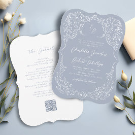 Dammblå Vintage Flourish Monogram Bröllop Inbjudningar