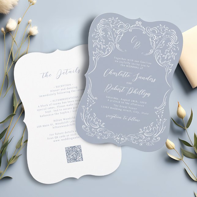 Dammblå Vintage Flourish Monogram Bröllop Inbjudningar (Dusty Blue Vintage Flourish Monogram Wedding Invitation)