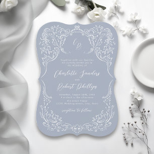 Dammblå Vintage Flourish Monogram Bröllop Inbjudningar