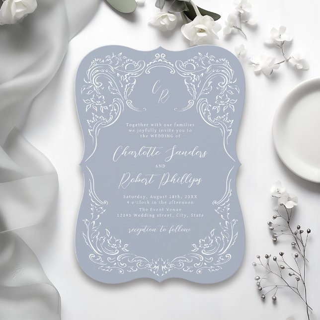 Dammblå Vintage Flourish Monogram Bröllop Inbjudningar (Dusty Blue Vintage Flourish Monogram Wedding Invitation)