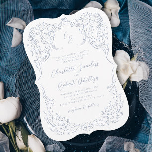 Dammblå Vintage Flourish Monogram Bröllop Inbjudningar