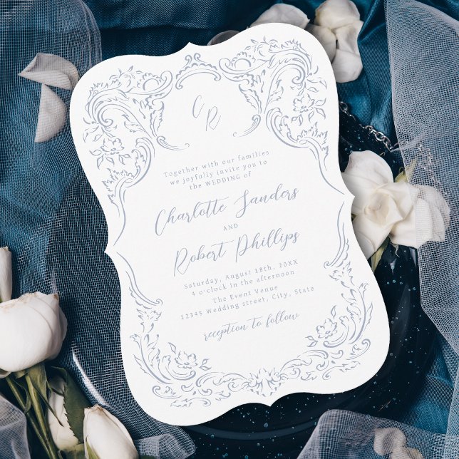 Dammblå Vintage Flourish Monogram Bröllop Inbjudningar (Dusty Blue Vintage Flourish Monogram Wedding Invitation)